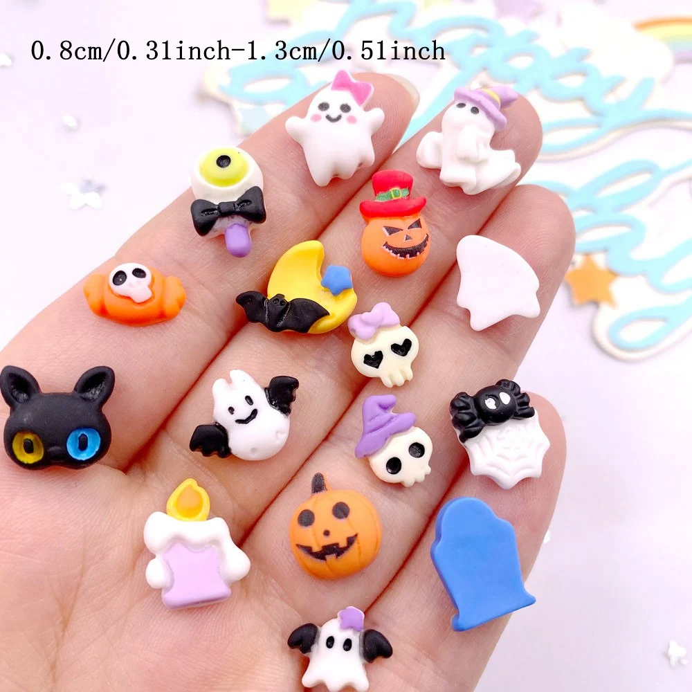 30pcs Resin Mini Colorful Painted Cartoon Ghosts Bat Pumpkin Spider Bat Candle Figurines Flat back Nail Art DIY Scrapbook Crafts