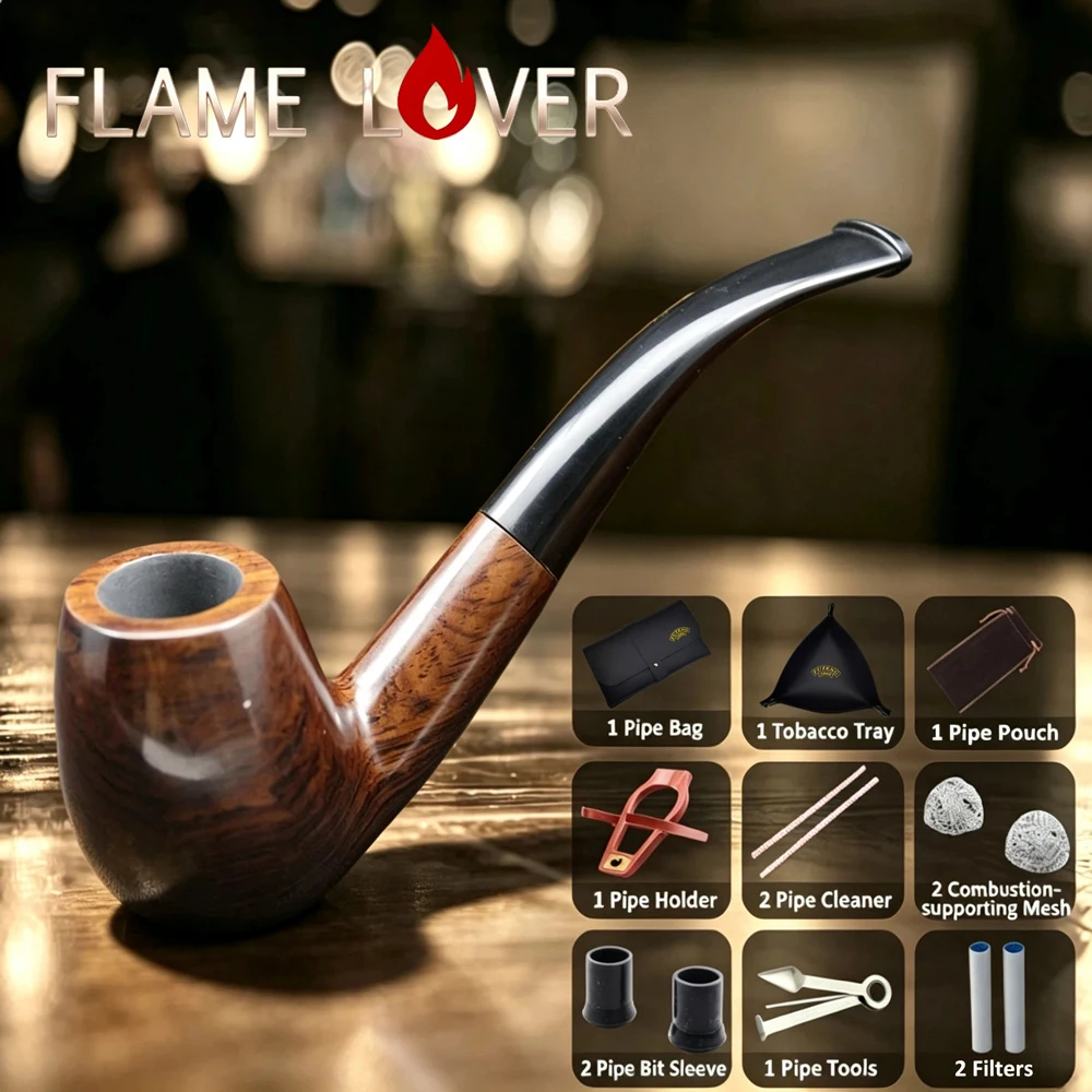 Flame Lover 9mm Smoking Tobacco Pipe Natural Ebony Wood Handmade Bent Durable Accessories Bag Stand Tray Set For Men Smoke