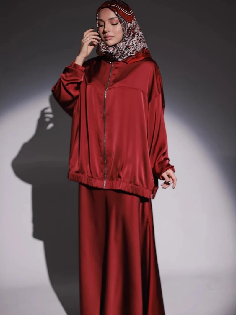 ชุดมุสลิมซาติน 2 ชิ้นชุดสตรี Abaya Musulman Ensembles อาหรับยาว Robe ดูไบ Kaftan Vestidos Jalabiya Ramadan Eid