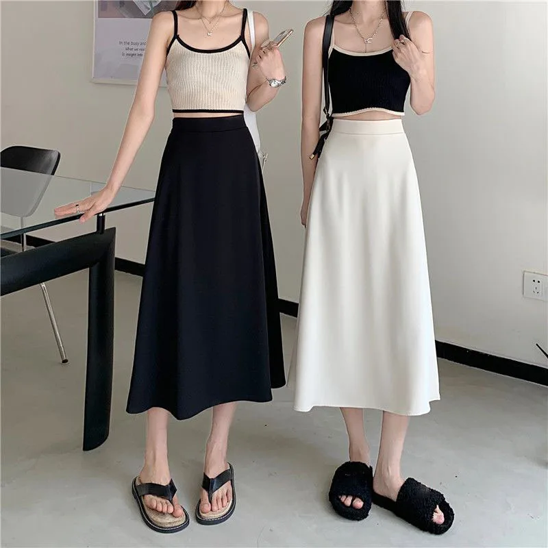 Xpqbb Long Skirt for Women Korean Fashion High Waisted Summer Midi Skirts Ladies Solid Color Casual Slim Office A-line Skirts