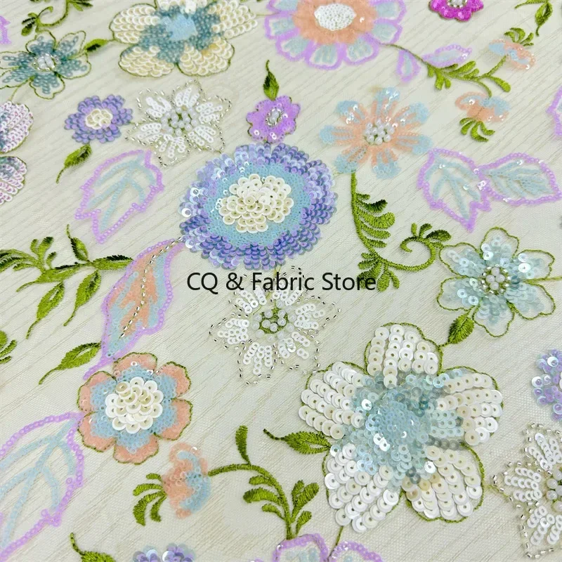 Tela de encaje de malla bordada con lentejuelas brillantes multicolores para vestidos de novia europeos y americanos, vestidos de novia Cheongsams