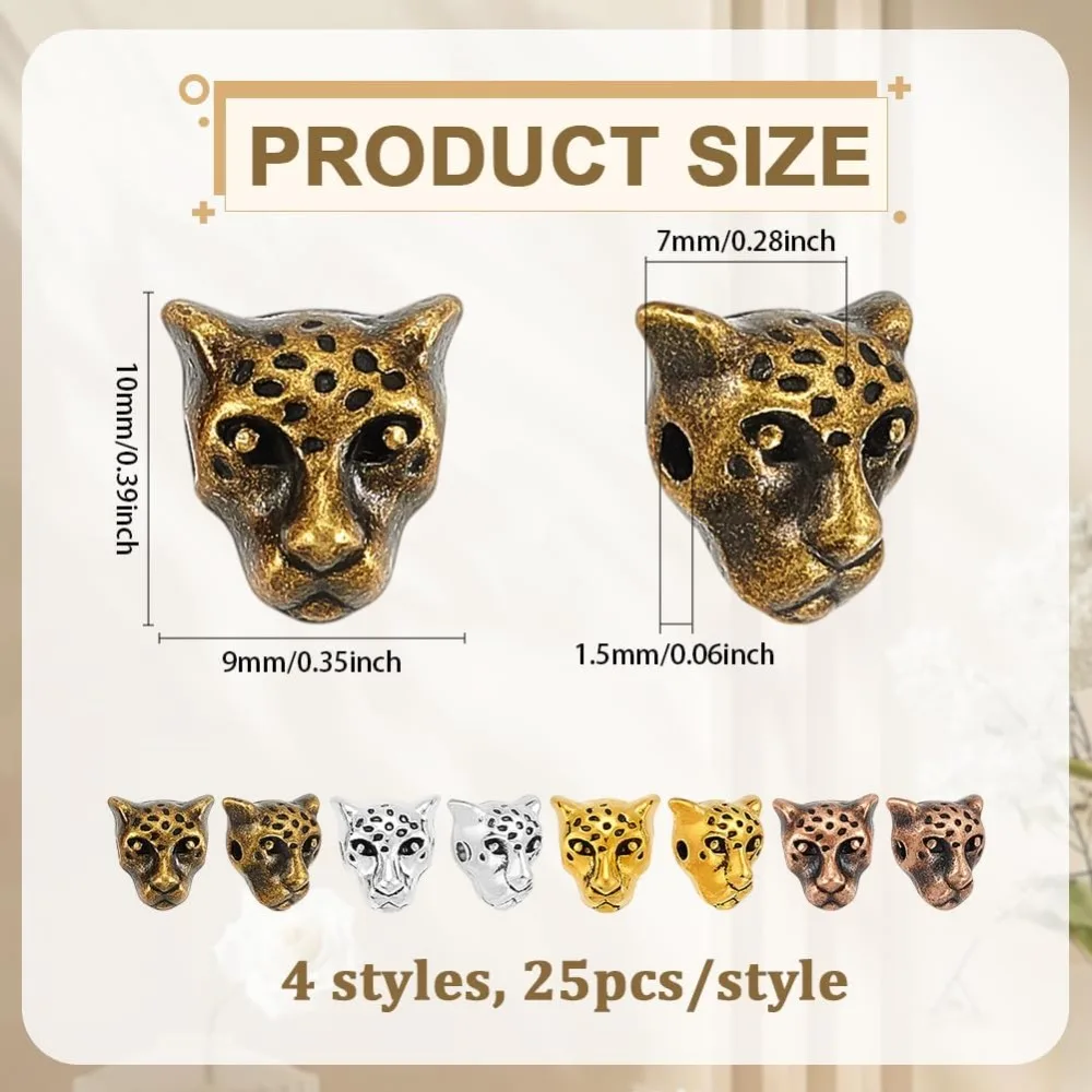 4 Colors Leopard Head Beads 100pcs Animal Bracelet Beads Style Alloy Bead Loose Metal Spacers for Men Summer Bracelet Necklace
