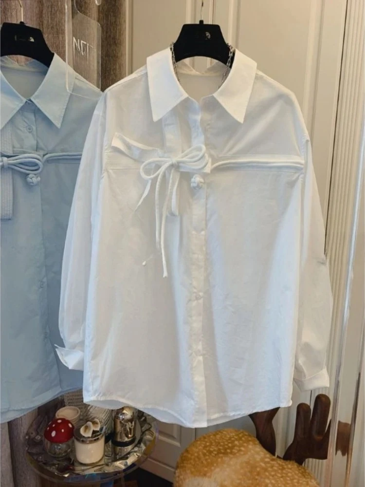 Weibliche Süße Bogen frauen Solide Hemd Japan Koreanischen Stil Lose Blusen Frauen Langarm Casual Elegante Tops 2026 Chic vielseitig