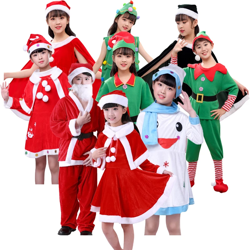 Girls Boys Christmas Costume Santa Claus Costume Green Elf Cosplay Dresses Family Christmas Party New Year Fancy Dress