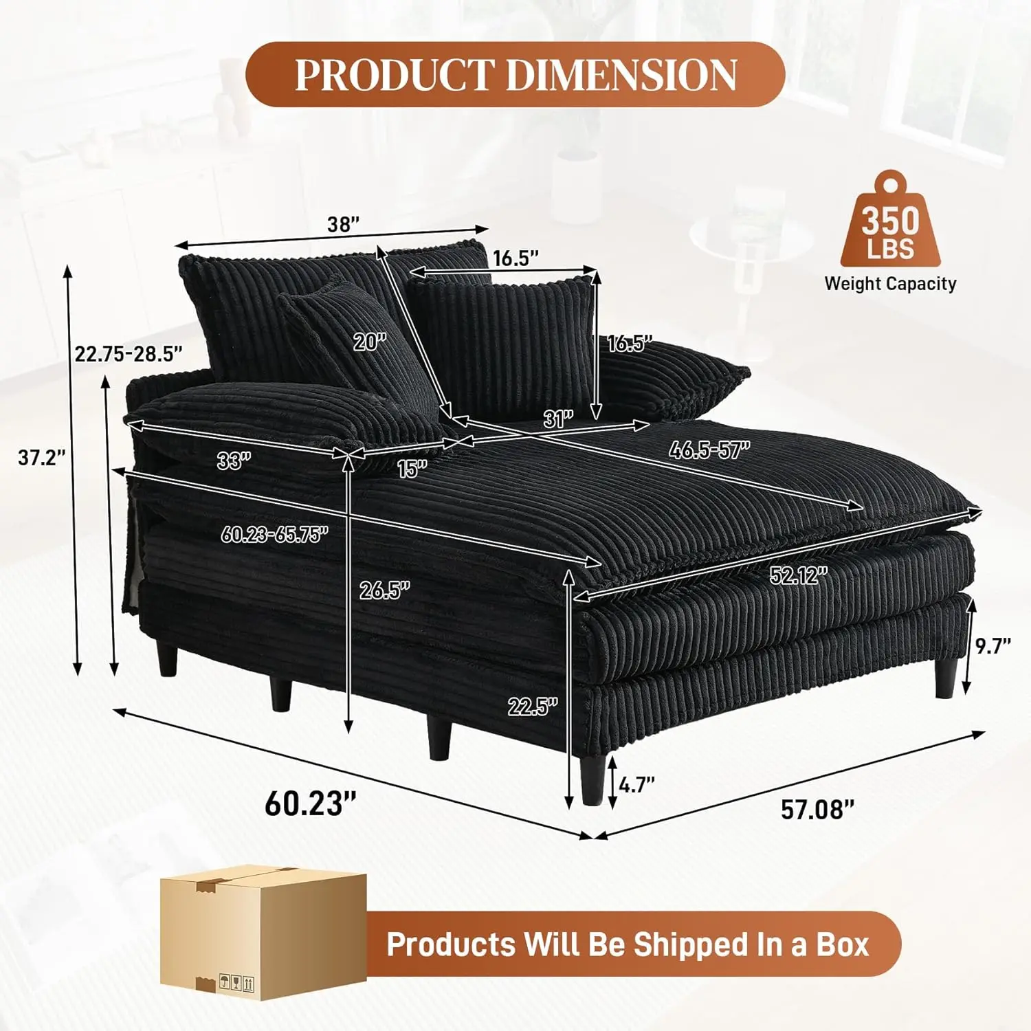 كرسي صالة كبير الحجم داخلي مع مسند ظهر قابل للتعديل، 57 وات × 60 دي كرسي سروال قصير مريح منفوش من القطيفة المنجدة