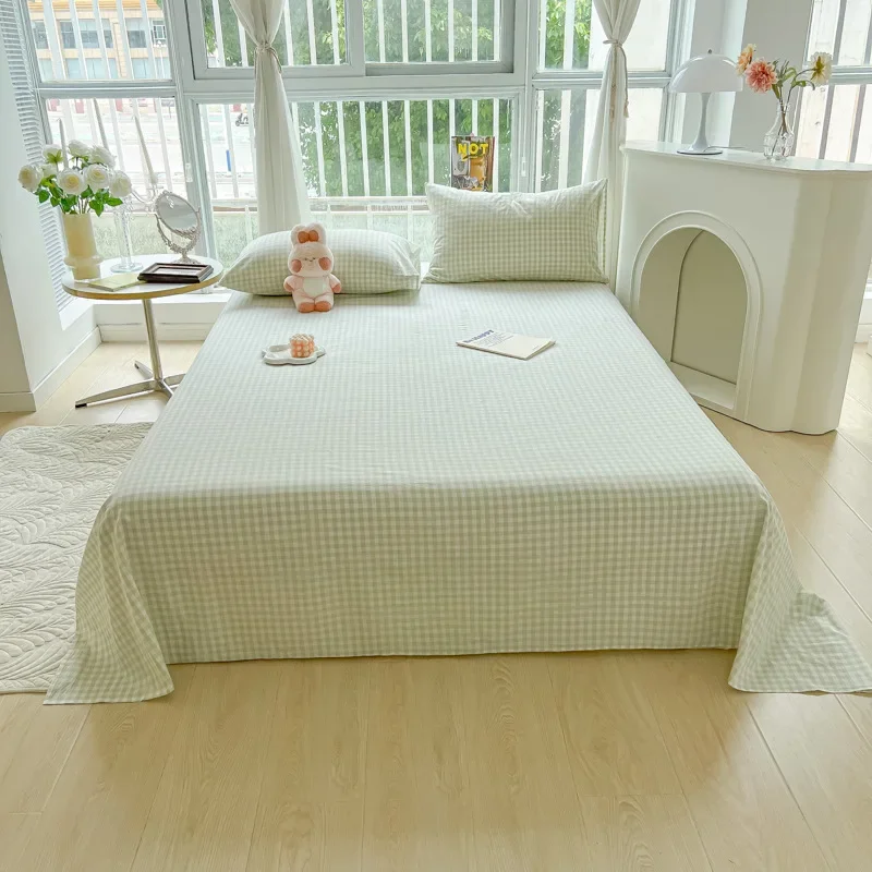 Japanese Checkered Single Bed Sheet Home Dorm Bed Cover for Queen Double Machine Wash Skin-Friendly Bed Linen for All Seasons