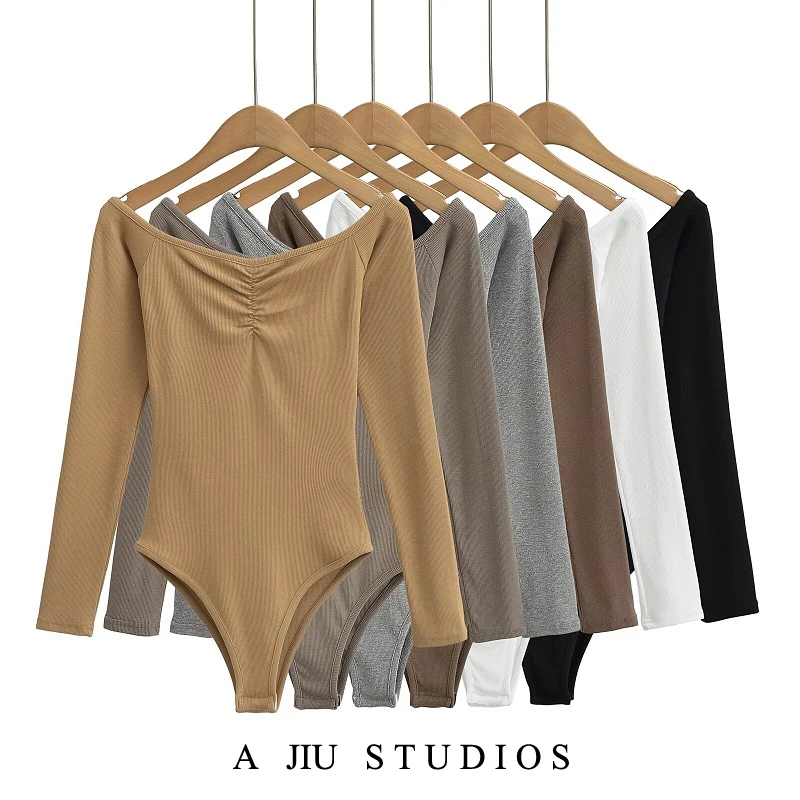 

Sexy Long Sve One oulder T-irt Rer Women's Folded Design High Waist ort Pants Street Sle Body Suit Underwear