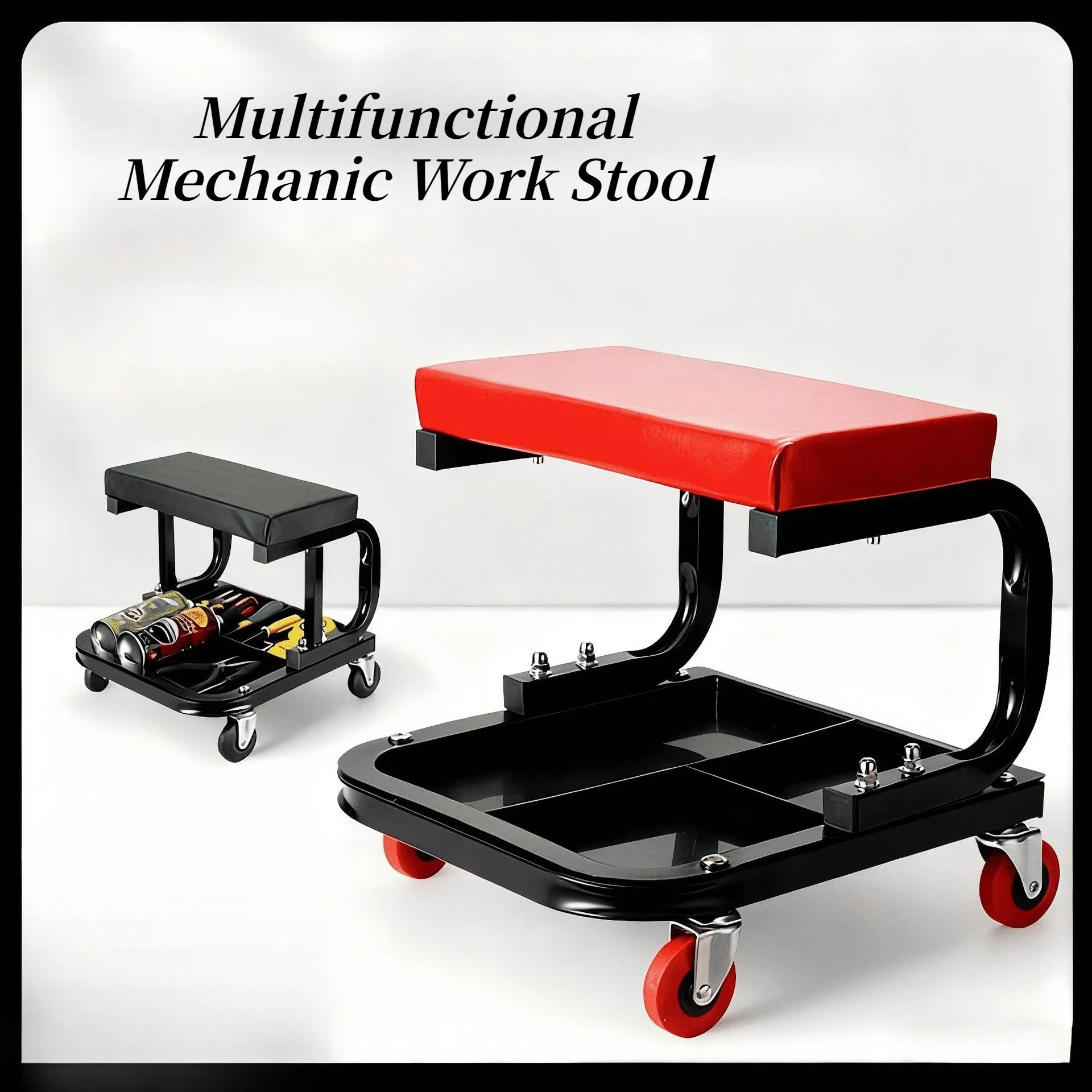 Rolling Mechanic Repair Stool with Storage Tool Tray Swivel Casters Multifunctional U Shape Garage Work Stool