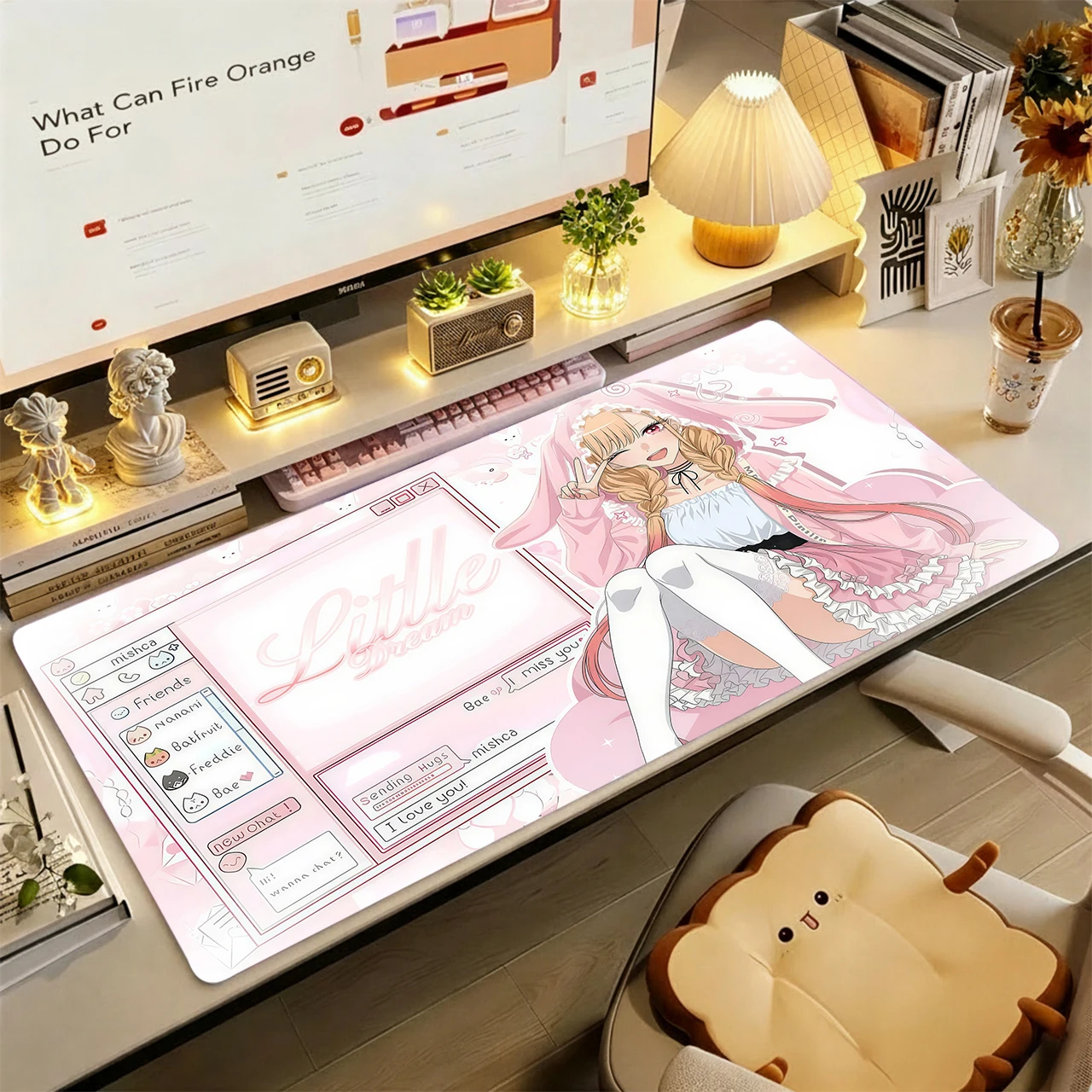 Gaming Mouse Pad,Large Extended Desk Mat,Anti-slip Rubber Base,Stitched Edges,Chat UI Bunny Ear Braid Sweet Anime Girls