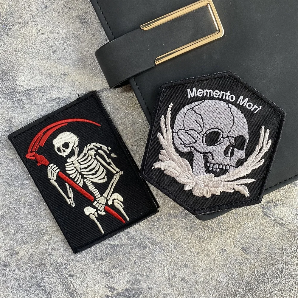 Memento Mori Embroidered Patches for Clothing Death Sickle Skull Morale Badge Hook and Loop Tactical Military Backpack Stickers