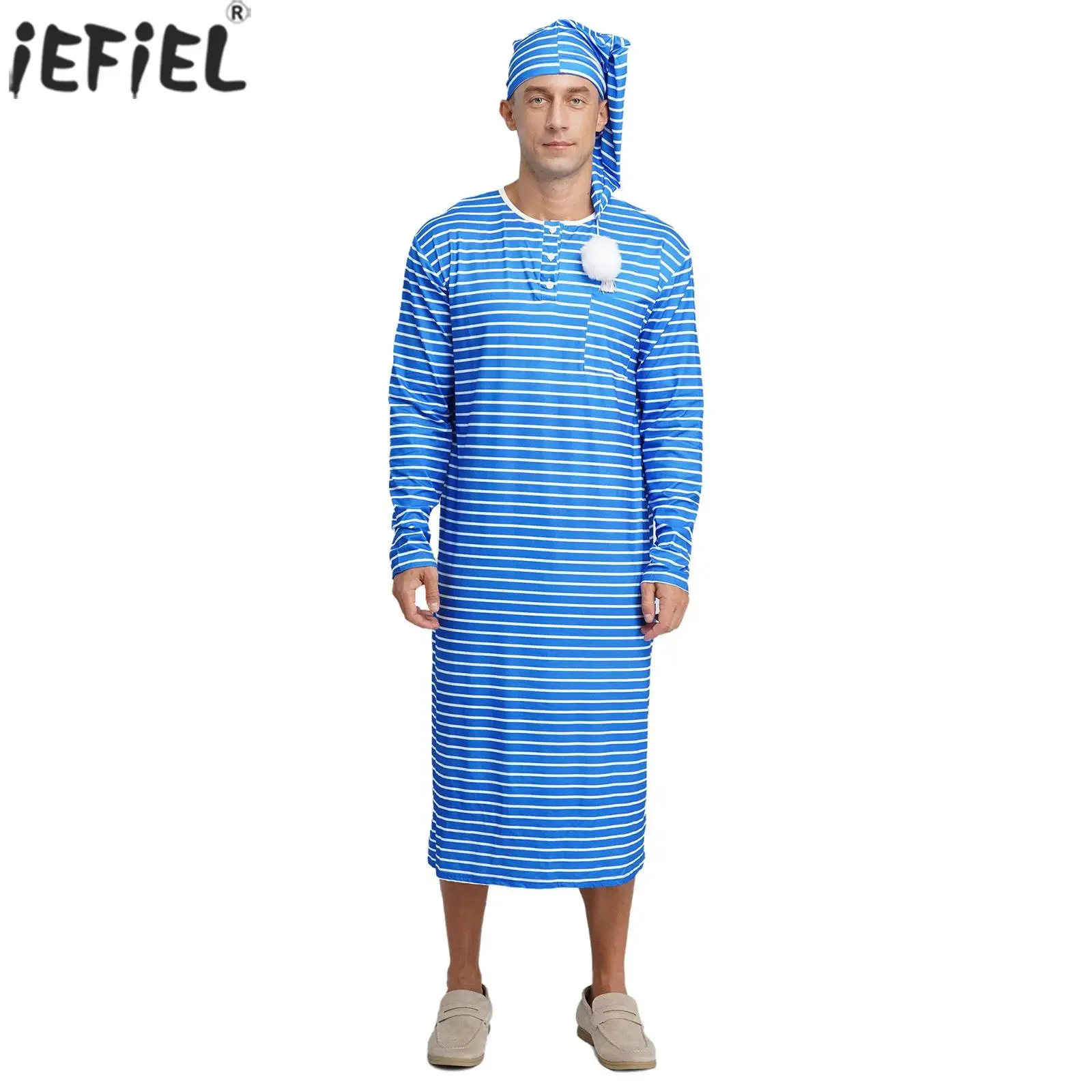 

Мужские полосатые халаты для сна, платья и шляпа, свободные пижамные платья с длинными рукавами и круглым вырезом для удобной домашней одежды, домашняя одежда для сна