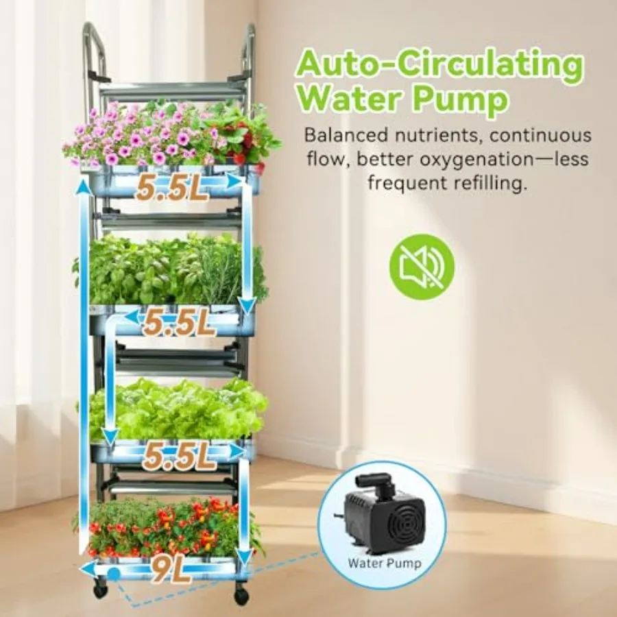Indoor hydroponics growing system: vertical garden with smart full-spectrum lights, auto water circulation, white aluminum fram view 2