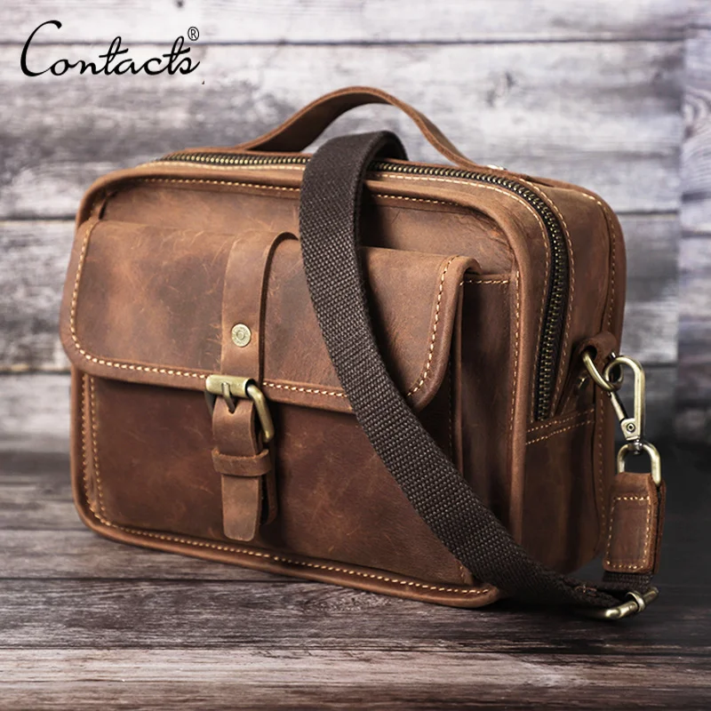 Mala de ombro de couro louca masculina, bolsa casual pequena para ipad, bolsa transversal para telefone portátil, bolsa de mensageiro masculina de 7,9"