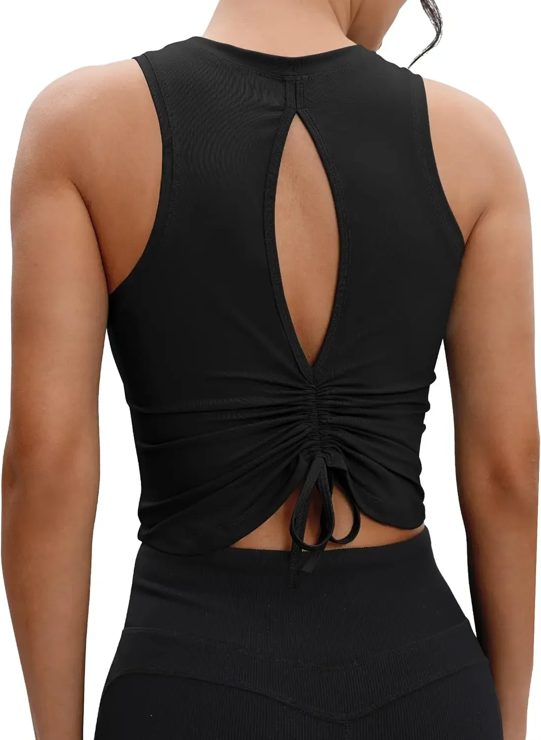 

VOOVEEYA Ruched Workout Tops for Women Open Back - Going Out Crop Tops Backless Yoga Tops Tie Back