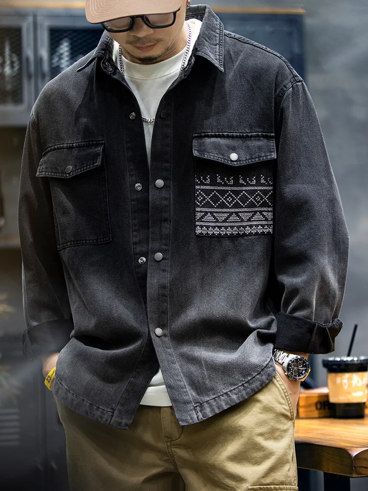 American Retro Gradient Denim Shirt Men's Long Sleeve Loose Casual Embroidered Outerwear Spring Trendy Brand Youth Cotton Pol...