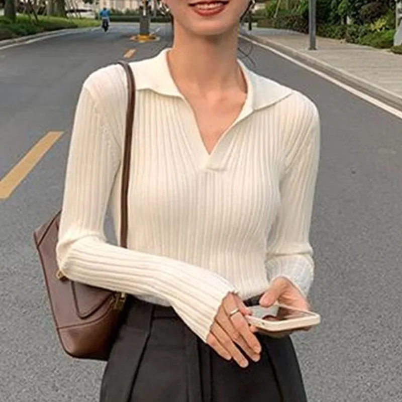 

Вязаный свитер, женские пуловеры, новый вязаный свитер с длинным рукавом и отложным воротником, пуловер, женские топы, свитера Sueters De Mujer Q991