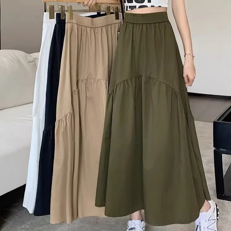 Skirt Women 2025 New Casual A-ling Solid Color ankle-length Slim Design Featuring Pleated Spliced Loose Waists Cheap Clothing