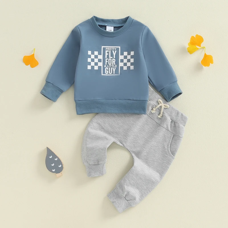 

Baby Boy Fall Pants Sets Letter Print Checkerboard Long Sleeve Sweatshirt Elastic Waist Pants 2 Piece Set