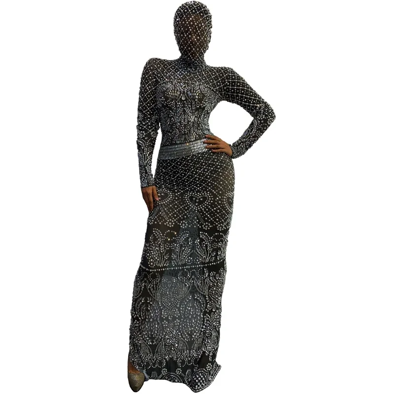 Damskie Sukienki Wieczorowe z Długim Rękawem, Całe w Dżetach i Perłach, Sukienka na Uroczystość, Ubranie na Przyjęcie Urodzinowe, Seksowne Kostiumy Gogo XS7001