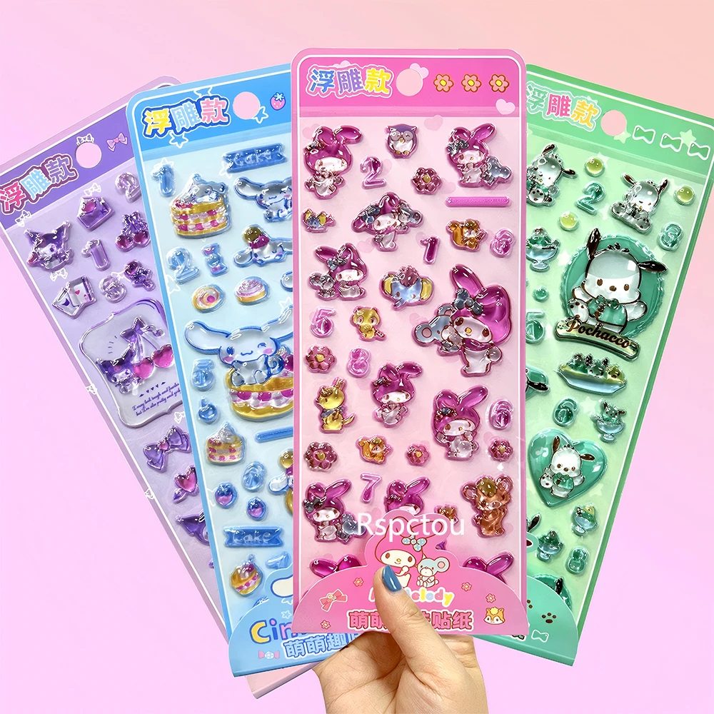 

4pcs Mix Sanrio Characters 3D Relief Stickers Kuromi Melody Anime Crystal Decals Kawaii Cartoon Decoration Sticker Reward Gifts