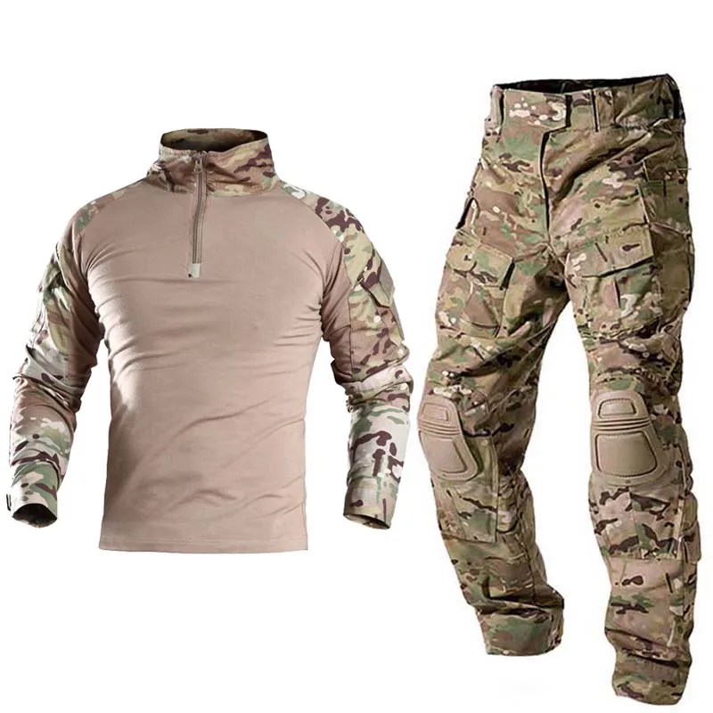Outdoor Airsoft Paintball odzież mundur wojskowy Camo polowanie garnitur armia Tactical Combat długa koszula + spodnie Cargo + 4 sztuk klocki