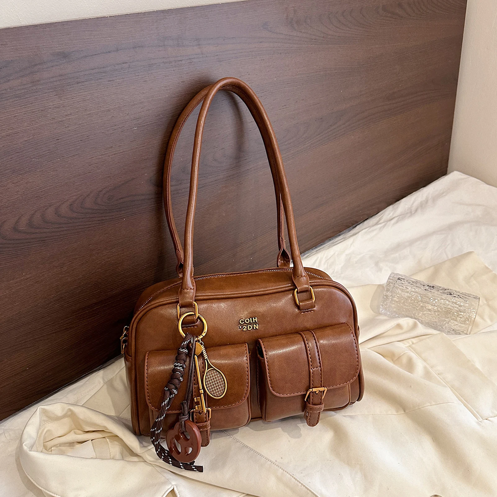 

Women Shoulder Bag Retro Top Handle Bag Multiple Pockets Solid Color PU Leather Handbag for Daily Travel Shopping Underarm Bags