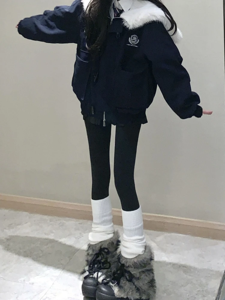 2000s American Vintage Slim Preppy Style Casual Hooded Jackets Y2k Harajuku High-End Winter New Warm Tops Subculture Fluffy Coat