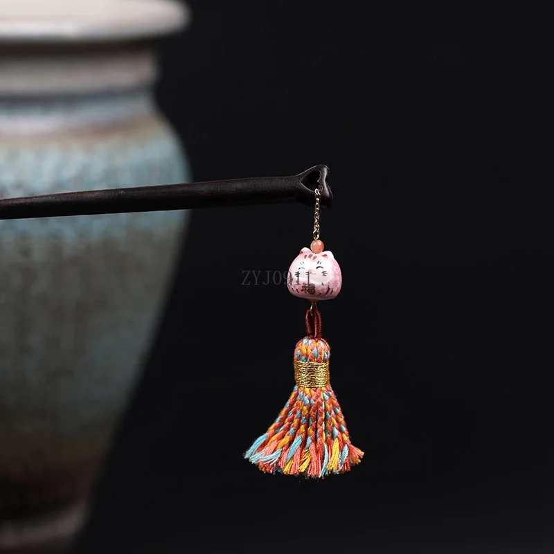 Двойная заколка для волос U-образной формы из черного дерева. Керамическая маленькая заколка для ушей. Милая двухниточная заколка для волос с мультяшным рисунком.