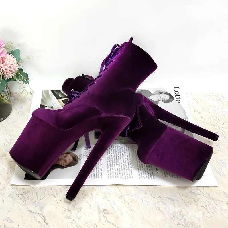 

Purple Flock Platform Cross-Tied Ankle Boots Stilettos High Heel Shoes For Women Side Zipper Round Toe 2023 Zapatos Para Mujere