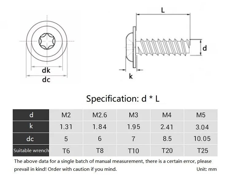 M2 M2.6 M3 M4 M5 304 Stainless Steel Torx Six Lobe Pan Round Head With Washer Flat End Self Tapping Screw For Plastic