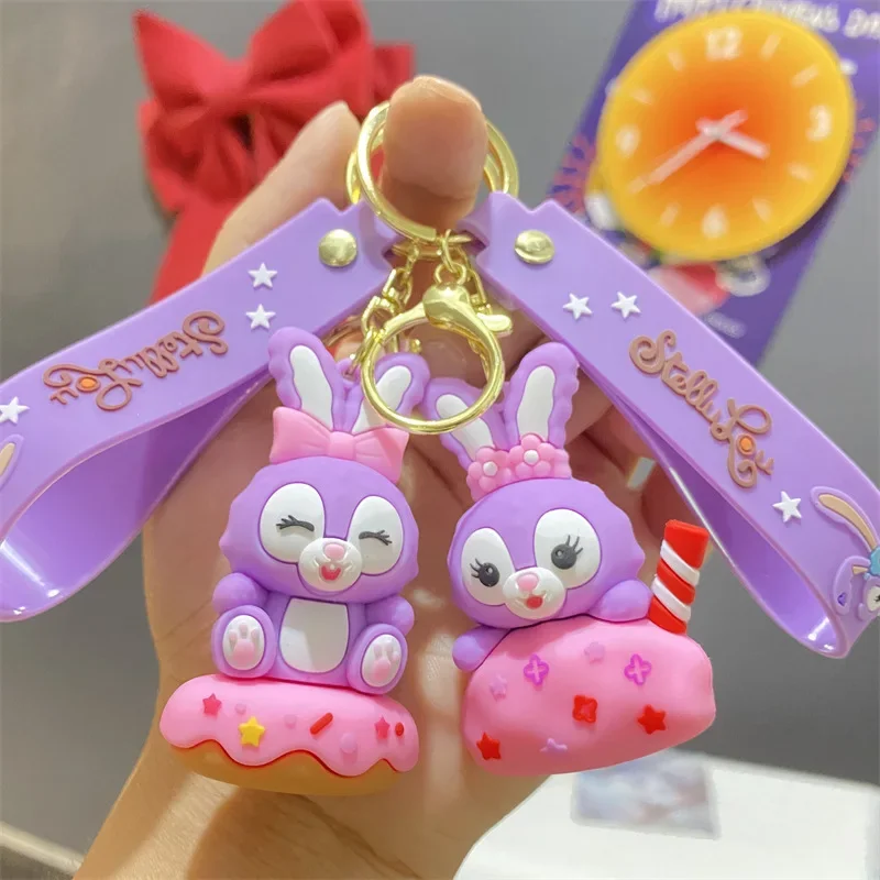 Disney Cartoon Cute StellaLou Doll Pendant Keychains for Women Girls Purple Rabbit Candy Cake Keyring Car Keys Holder Gifts