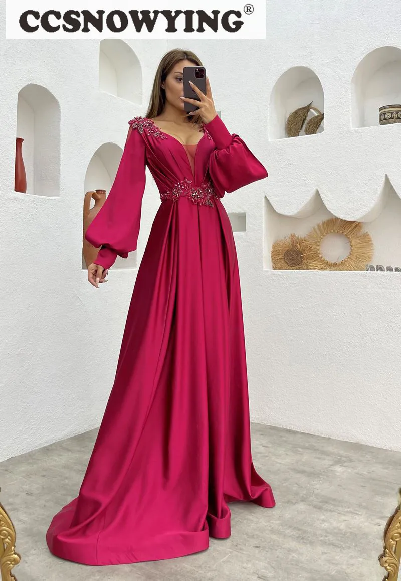 

Satin Appliques Long Sleeve Evening Dresses V Neck Prom Formal Party Gowns A Line Arabic Kaftan Women Robes De Soirée