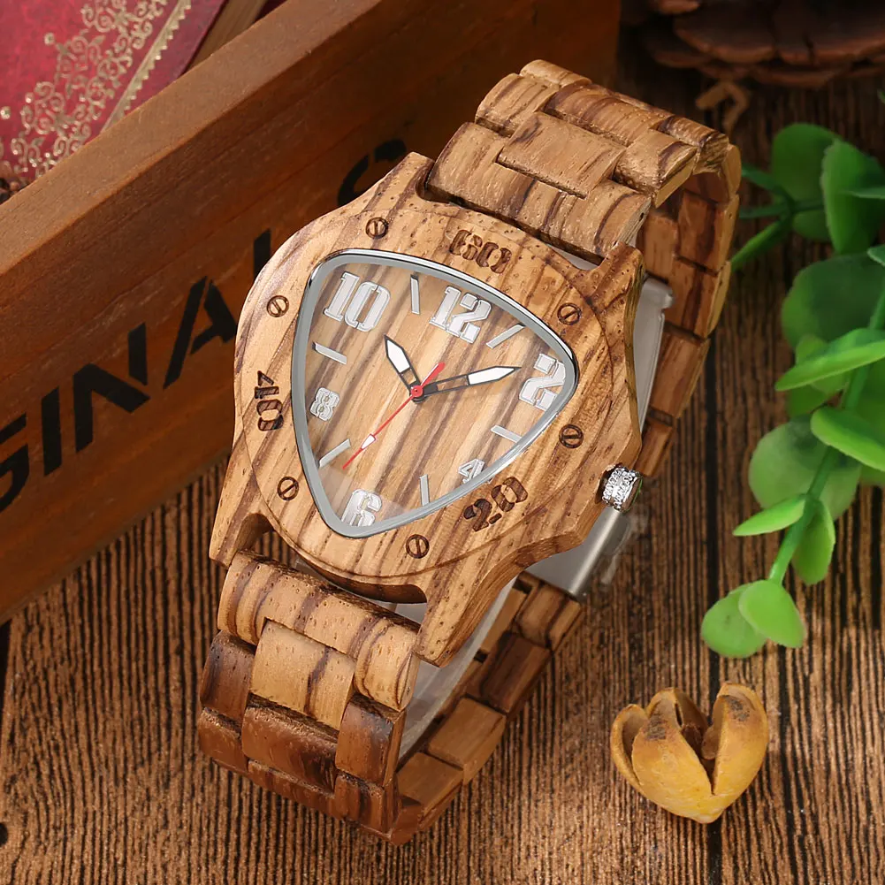 Unique Triagngle Arabic Numerals Dial Wooden Watch Quartz Wristwatch Men Full Wood Bracelet Watch Band Folding Clasp Man Clock