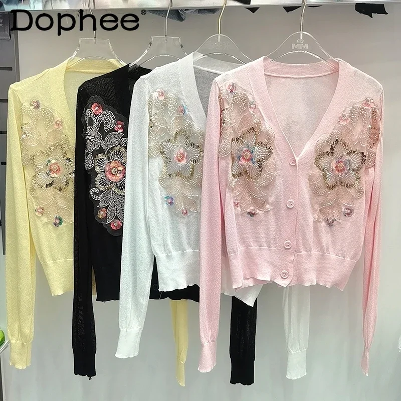 

Heavy Industry Beaded Sequins Flower thin Knitted Tops 2024 Autumn New V-Neck Long Sleeve Knitted Cardigan Pink Cardigan Women