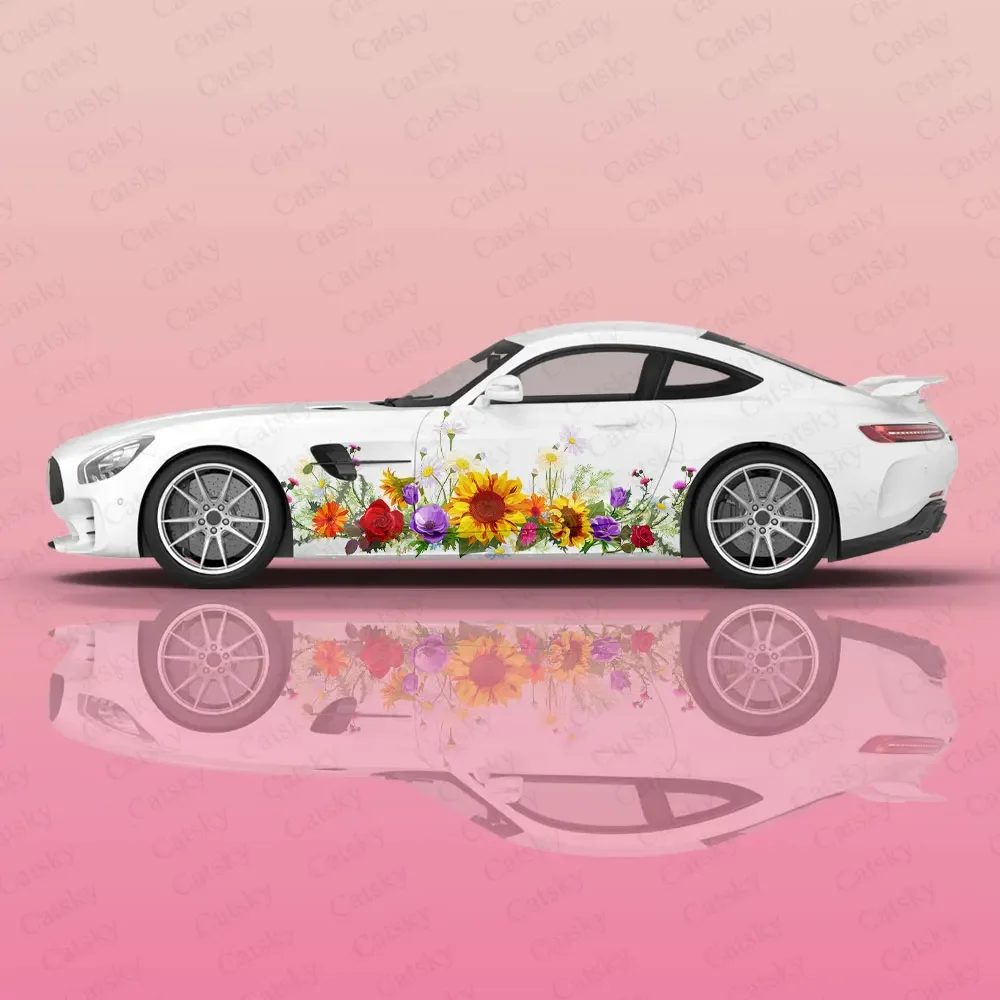 DIY Sunflower Pattern Racing Car Graphic Decal Full Body Vinyl Wrap Modern Design Vector Image Wrap Sticker Decorative Car Decal