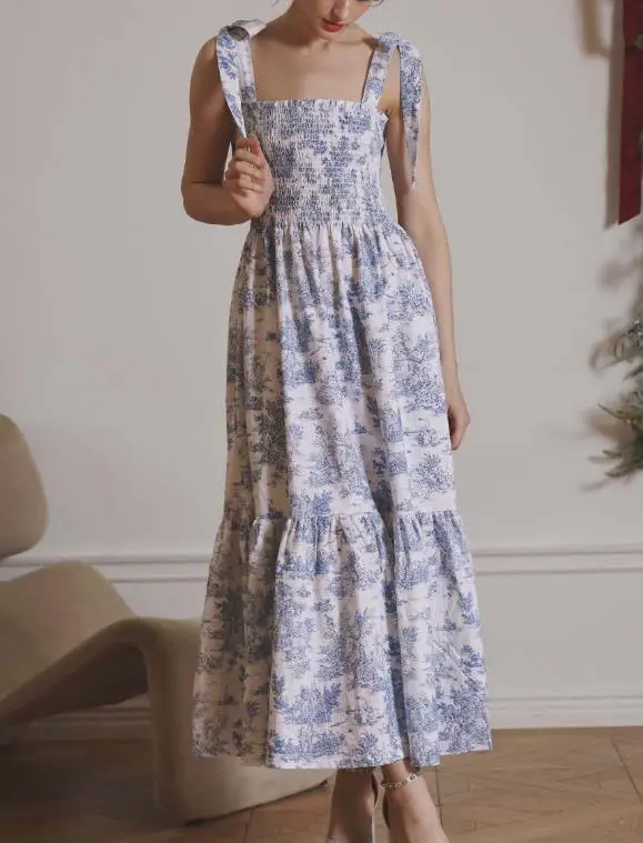 

Spring and Summer Casual Women's Lace Up Sleeveless Floral Print Long Dress