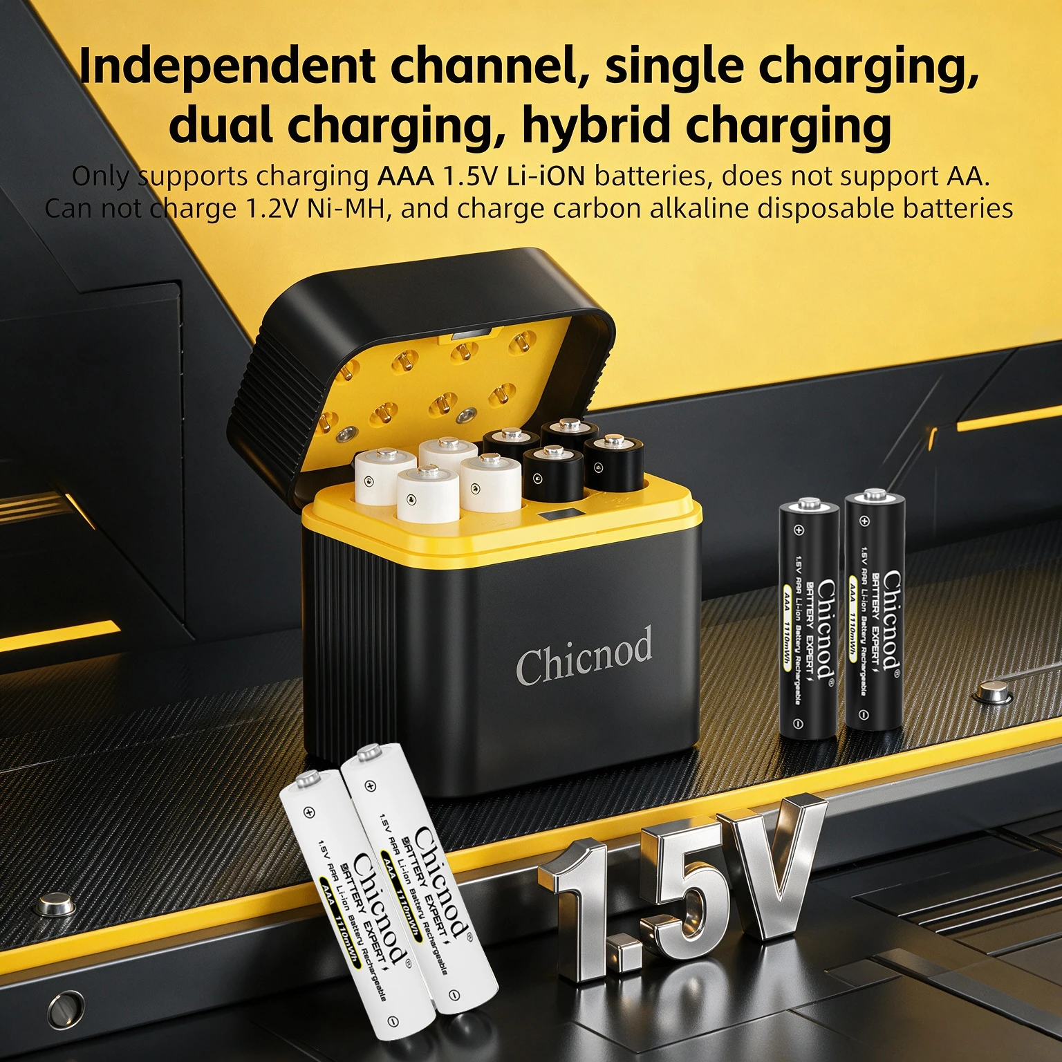 Chicnod AAA Rechargeable Lithium Battery 1.5V 1110mWh Li-ion Batteries USB Type-C Charging with 8 Slot Smart Charger