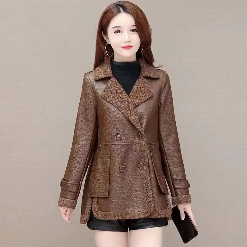 Leather Jacket Female Plush Thickened Autumn Winter Fur Integrated Coat Wearing Loose Leather Jackets On Both Sides
