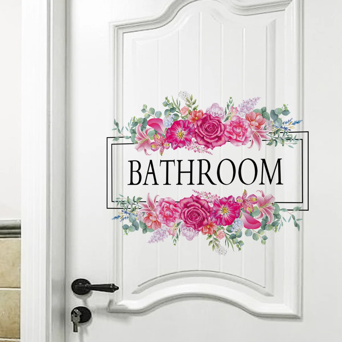 Pink Floral Bathroom Door Wall Stickers, Watercolor Flower & Eucalyptus Decor