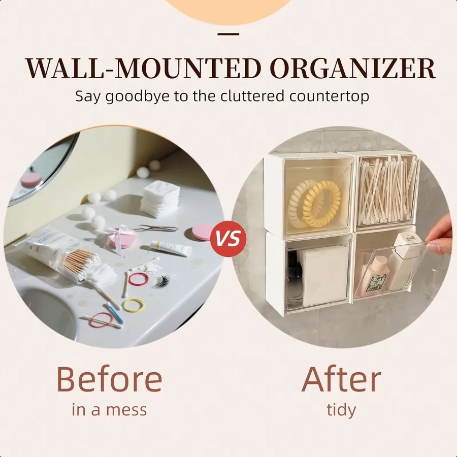 Qtip Holder Wall Mount for Cotton Swabs Balls Pads Hair Ties Floss Picks Small Plastic Bathroom Wall Organizers and Storage Set