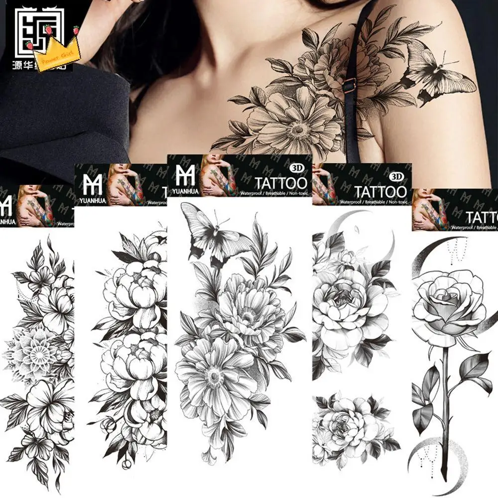 Large Girls DIY Water Transfer Decals Rose Peony Body Art Stickers Black Flowers Temporary Tattoo for Body Arm Leg Fake Tattoo