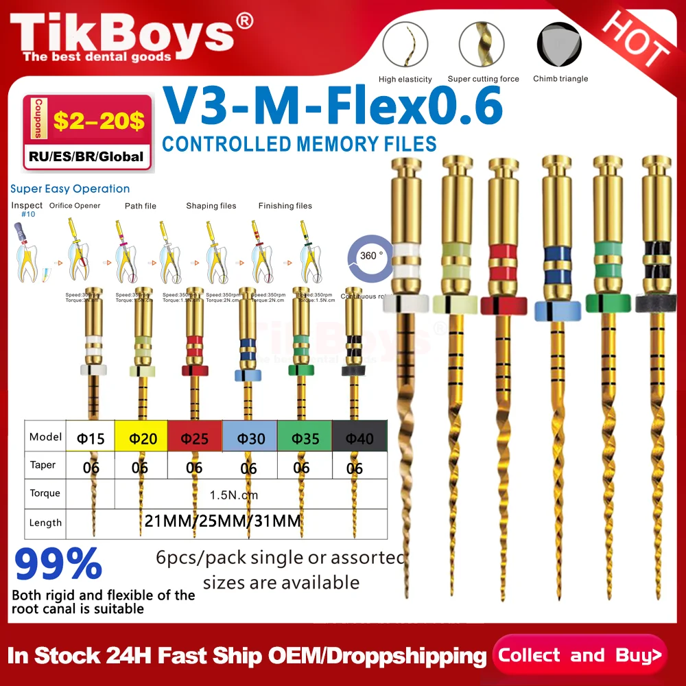 

Dental Heat Activated NiTi Golden Files Rotary Endodontic Root Canal Gold Files 6pcs/Box Clinic Endodontia Productos Dentales
