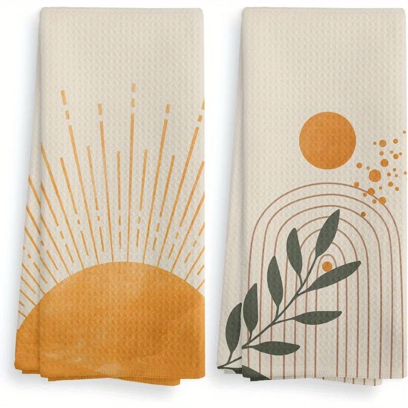 2 Pieces - Beige Mustard Yellow Sunrise Sunshine, Cleaning Cloth, Dish Towel Scrub, Hand Towel, Tea Towel, Kitchen Decor