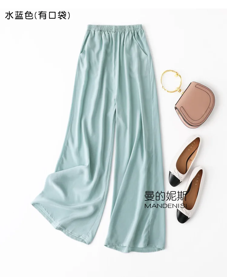 Tcyeek 100% Natural Silk Pants Women Summer Clothes Casual Elastic Waist Wide Leg Pants Solid Color Woman Trousers Streetwear