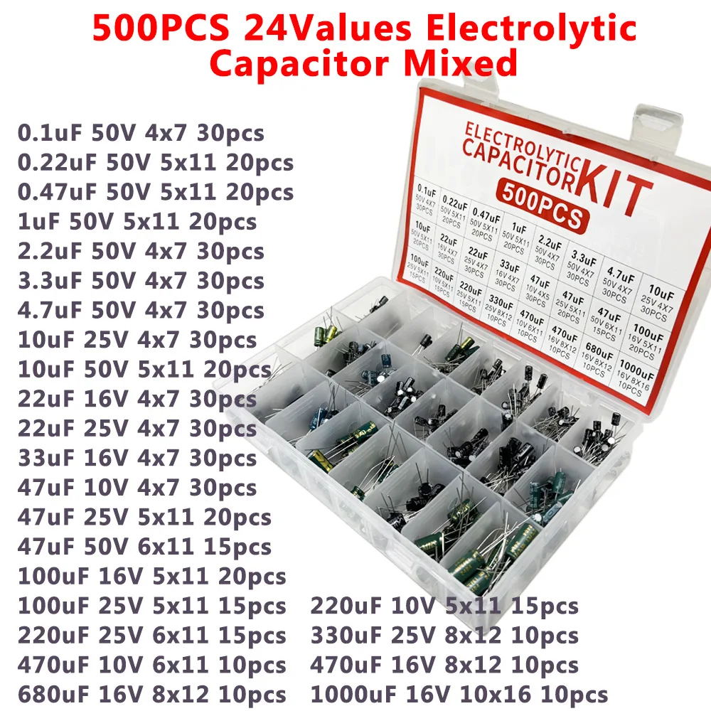 120/200/500Pcs 16V 25V 50V 0.1uF - 1000uF Aluminum Electrolytic Capacitor Assorted Kit Box 1uF 4.7uF 10uF 47uF 220uF 330uF 470uF