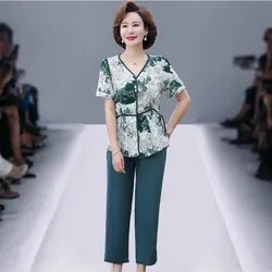 Mother Summer Suits Chiffon Print V Neck Blouse Top Pants Suit Short-Sleeve Elderly Women 2 Piece Women Set