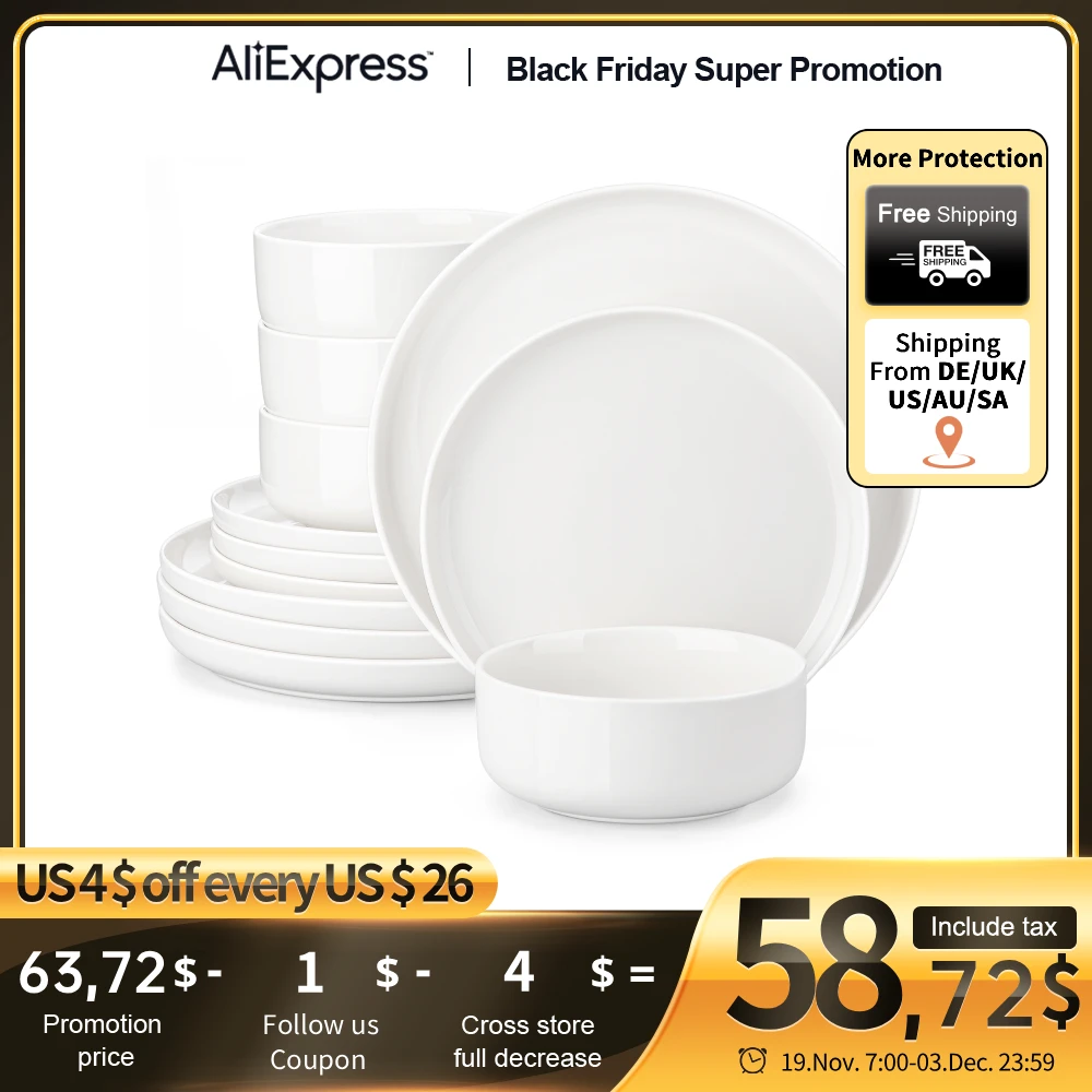 

MALACASA 12/24 Piece Ceramic Porcelain Dinnerware Set with 4 Pcs Dinner/Dessert Plates,Bowl Tableware Set Service for 4