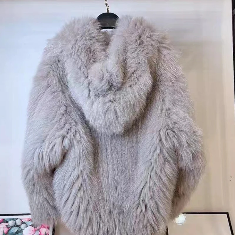 Double-sided fur strip sewed toghter Fox Fur Hooded Coats Women Imported Real fox Fur Thick Jackets White BearWarm Clothes