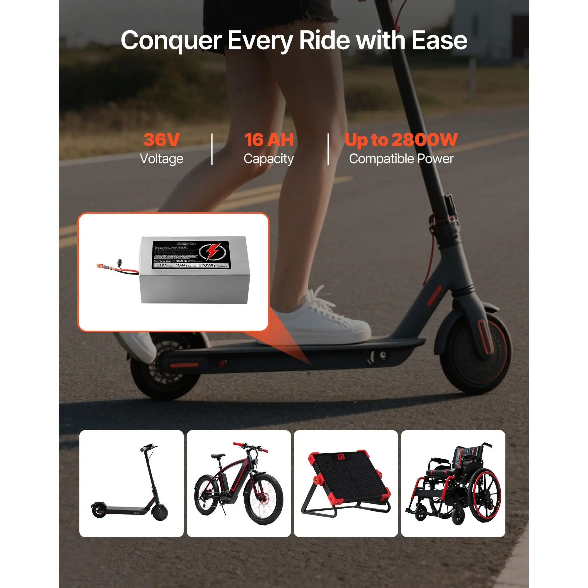 36V Electric Scooter Battery, 16Ah, Ebike Lithium Pack with 30A BMS, Charger, T-Plug Expansion Cable, 500+ Cycles, Compatible