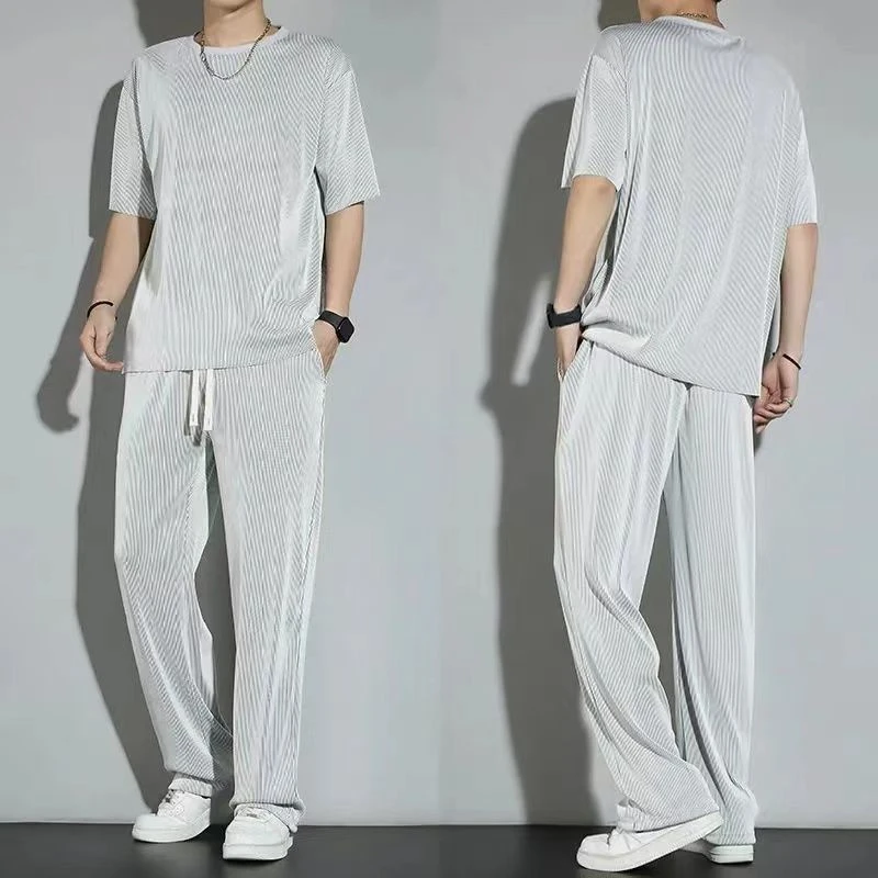 Ice Silk Sports Suit Men's Summer Thin Casual Long Trousers Short-sleeved T-shirt Ins Quick-drying Drooping Clothes Set